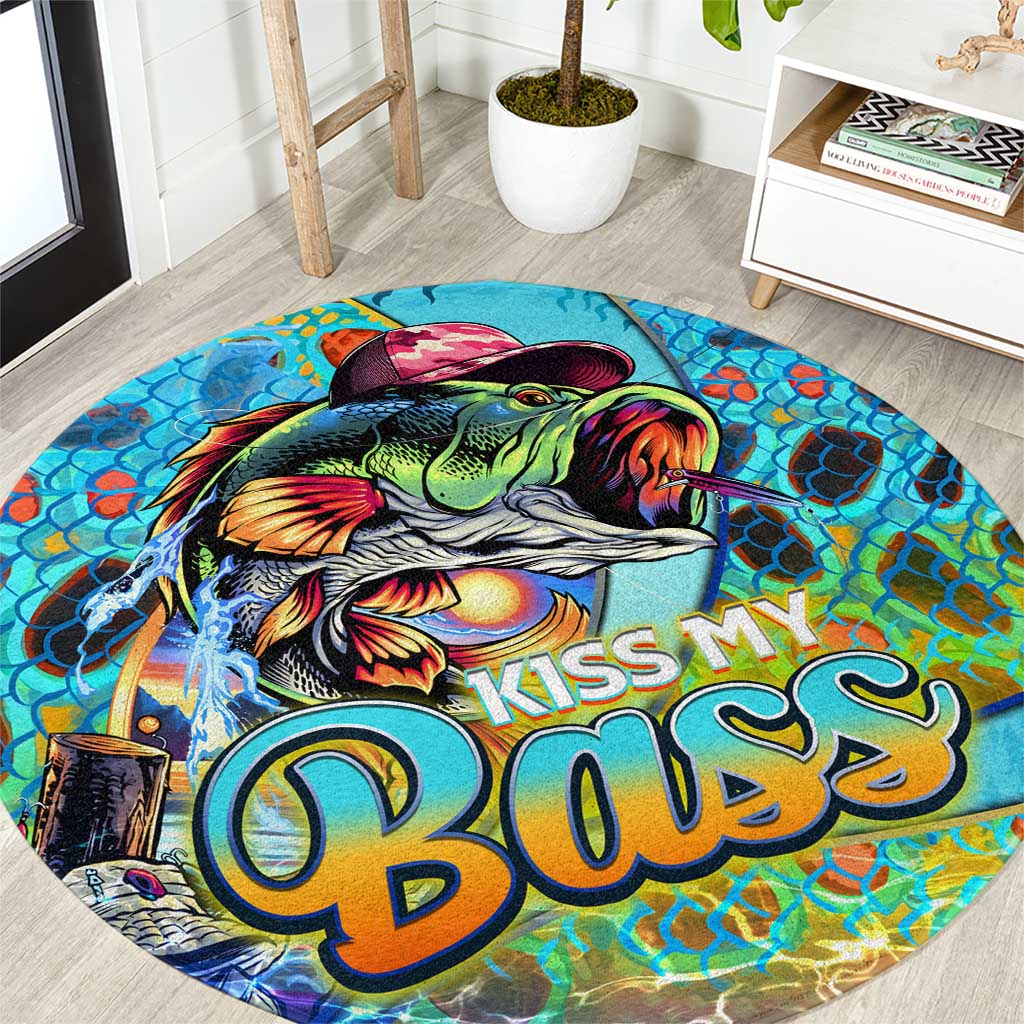 Round fishing rug with multicolor bass fish graphic and 'KISS MY BASS' lettering