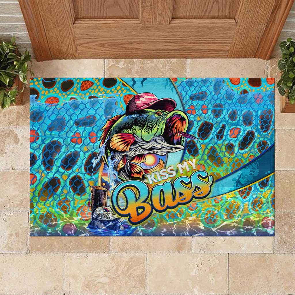 Rubber fishing doormat with colorful bass fish and “Kiss My Bass” text