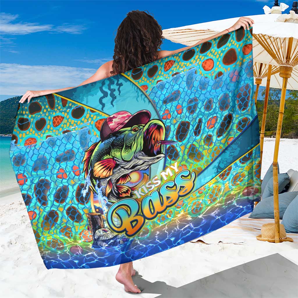 Blue fish-themed sarong with Kiss My Bass logo and colorful scale pattern