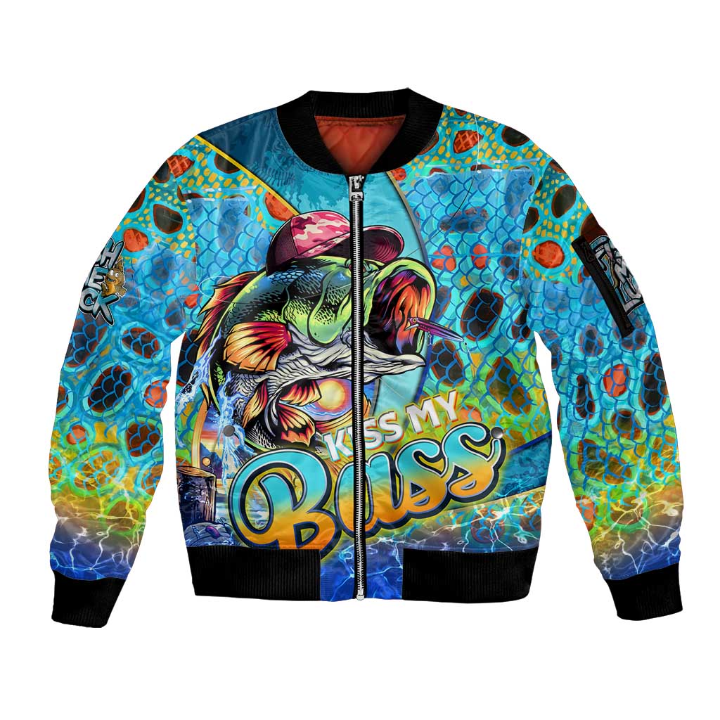 Zip-up bomber jacket with bass fish graphic, ribbed cuffs, and black trim