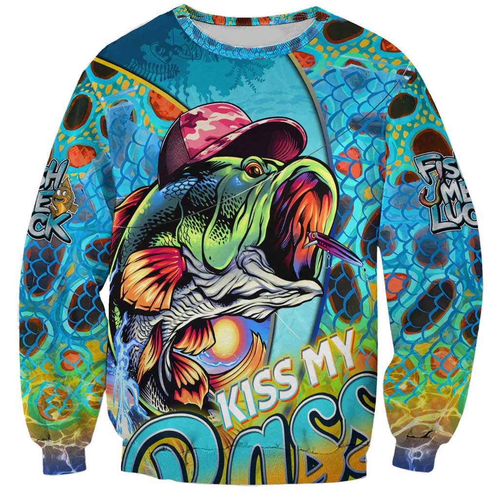 Fishing sweatshirt with neon fish graphic and colorful camo-print sleeves