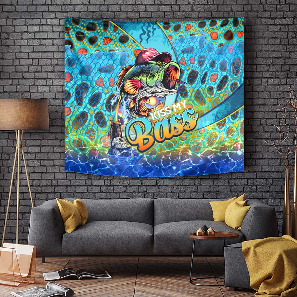Colorful bass fish fishing tapestry with 'Kiss My Boss' text and wave ring
