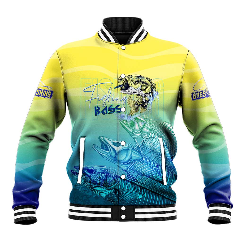Yellow to teal gradient bass graphic unisex summer baseball jacket with ribbed collar