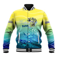 Yellow to teal gradient bass graphic unisex summer baseball jacket with ribbed collar