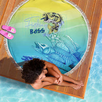 Round beach blanket with fringe edge, green-blue fish and bass illustration, 150cm
