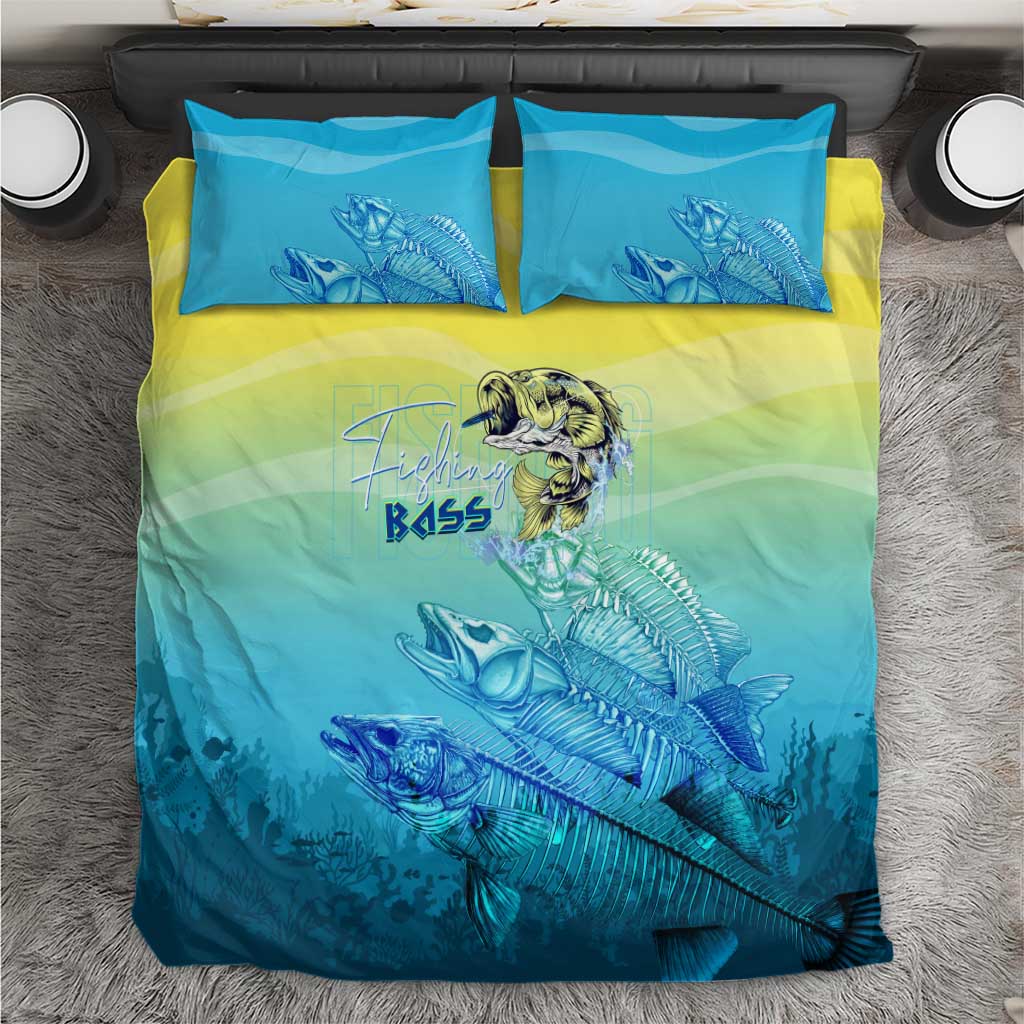 Fish skeleton bedding set, teal and yellow gradient duvet with 2 matching pillowcases