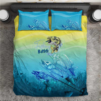 Fish skeleton bedding set, teal and yellow gradient duvet with 2 matching pillowcases