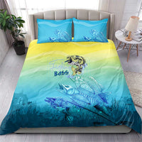 Fish skeleton bedding set, teal-blue fish artwork on yellow-to-green gradient duvet, 2 pillows