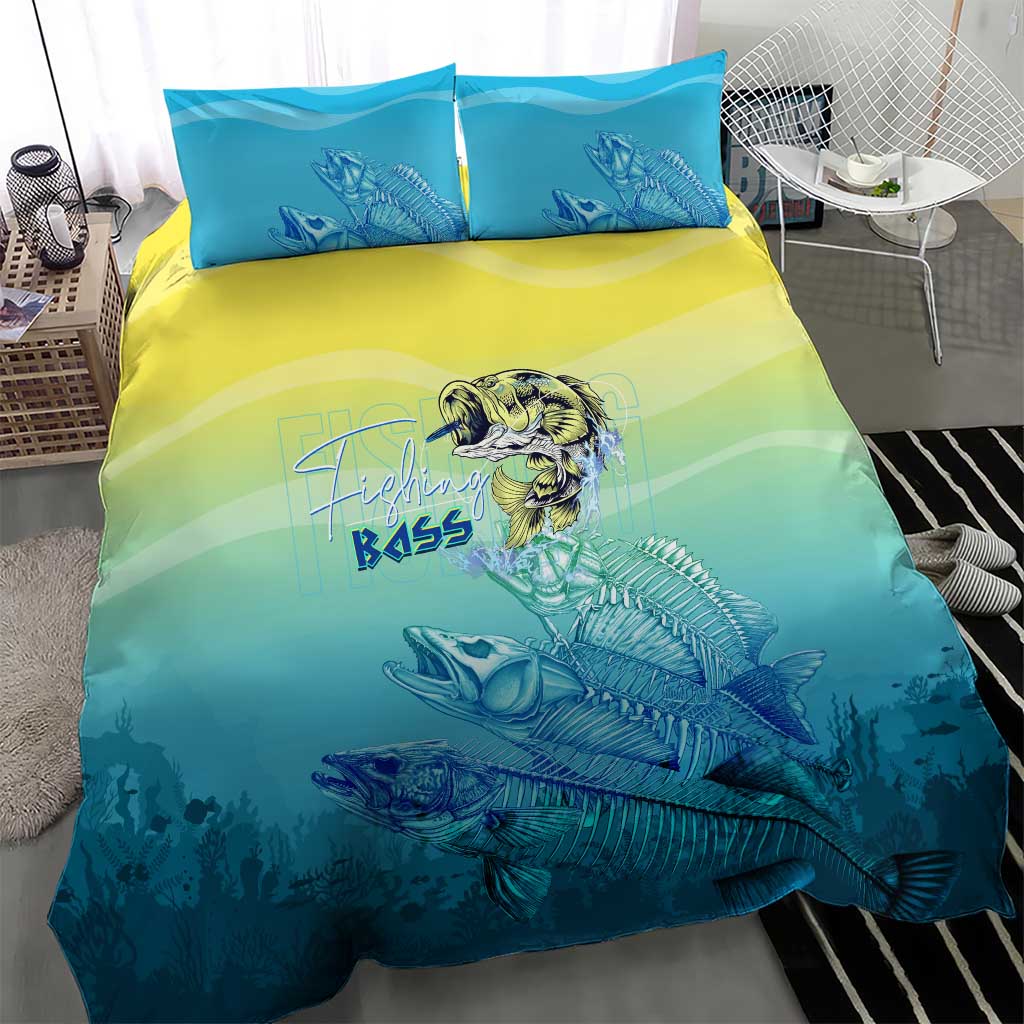 Fish skeleton bedding set, teal fish print with yellow-green gradient duvet and 2 pillowcases