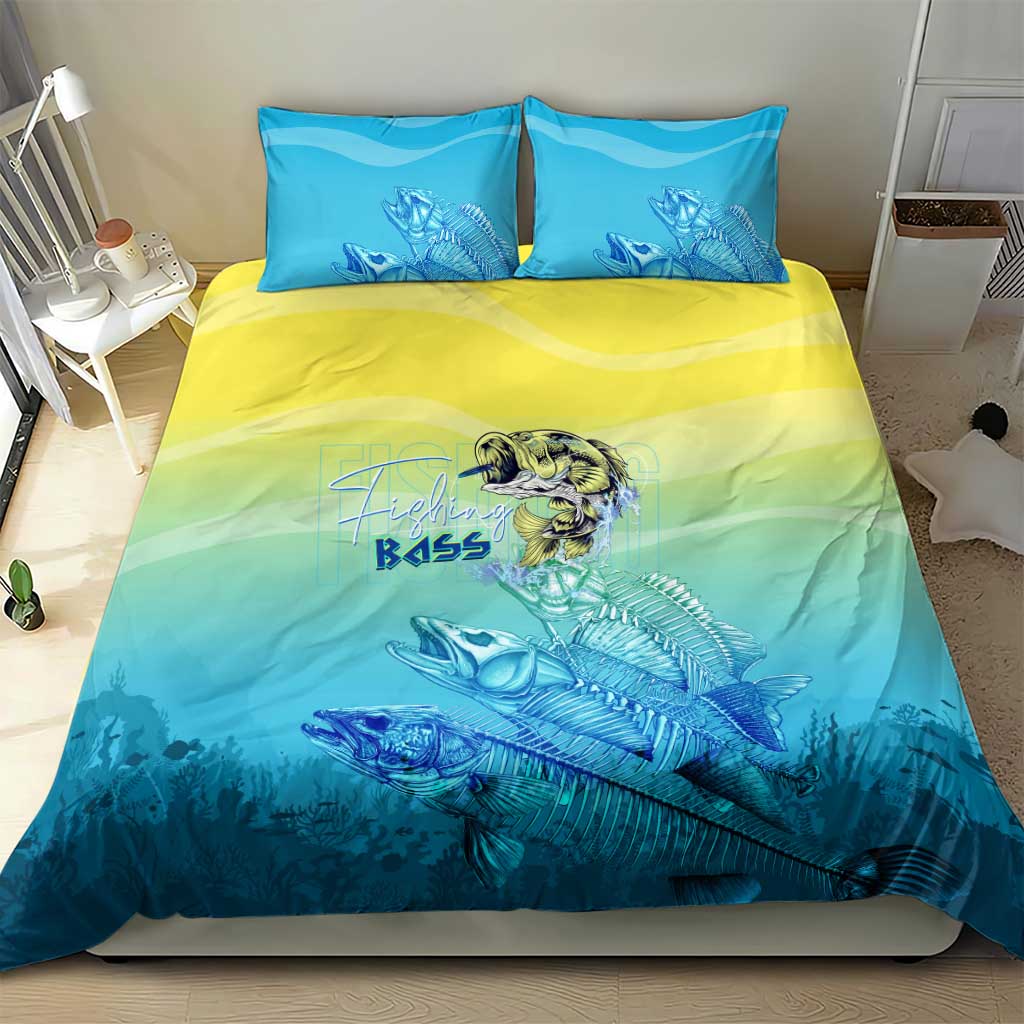 Fish skeleton bedding set, teal-blue fish graphic on yellow-green gradient duvet with 2 pillows