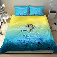 Fish skeleton bedding set, teal-blue fish graphic on yellow-green gradient duvet with 2 pillows