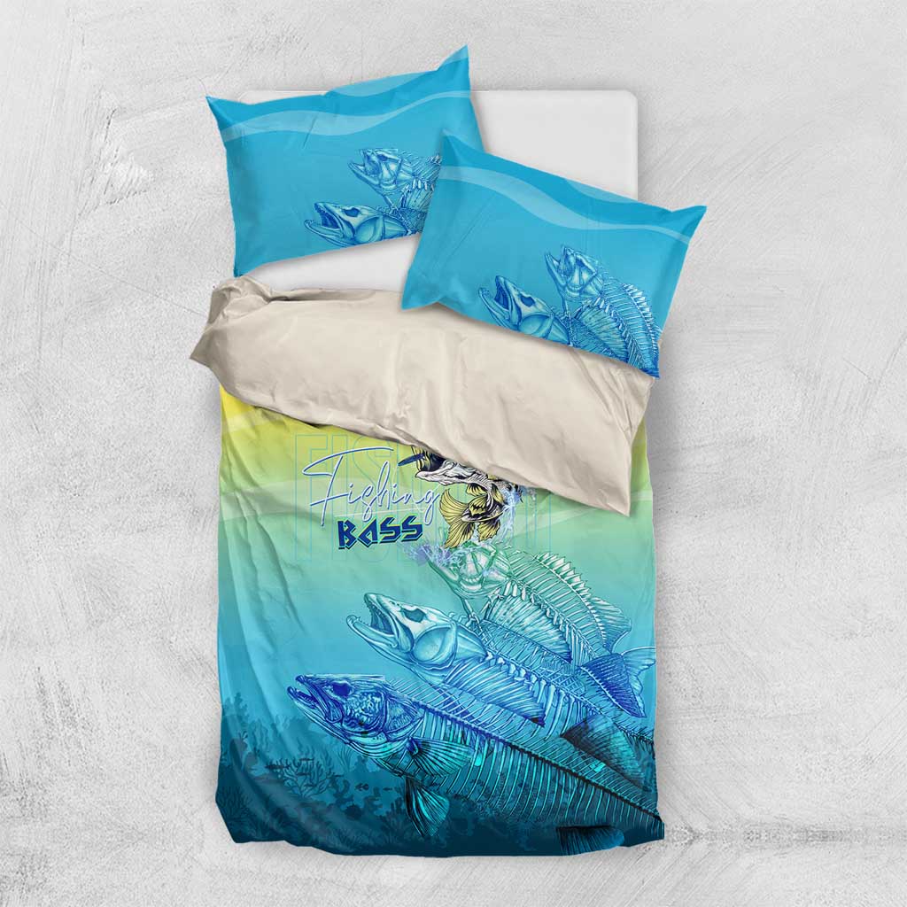 Fish skeleton bedding set, teal and yellow gradient duvet with fish graphic and 2 pillowcases