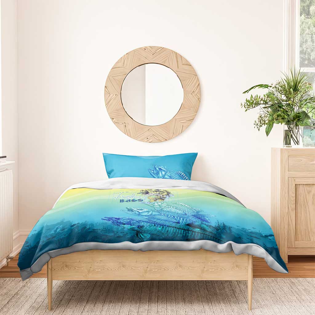 Fish skeleton bedding set, teal fish print duvet with yellow-green gradient and 1 pillow