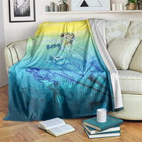 Yellow and teal bass fish print summer blanket, large fish skeleton graphic