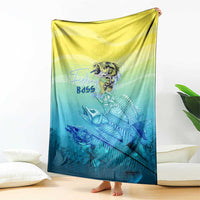 Yellow to teal bass fish skeleton print blanket with large central fish artwork