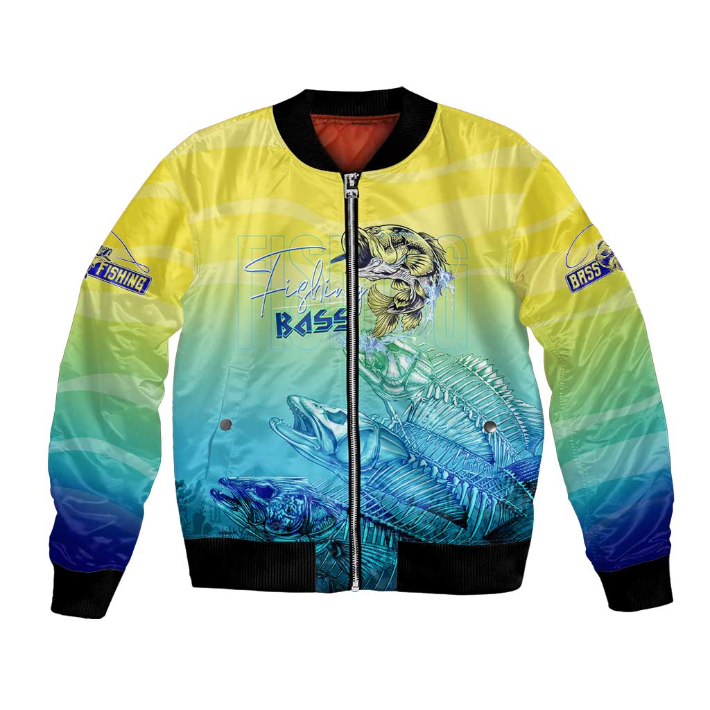 Unisex summer bomber jacket with zip front, yellow/blue fish graphic and sleeve patches