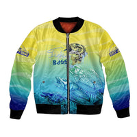 Unisex summer bomber jacket with zip front, yellow/blue fish graphic and sleeve patches