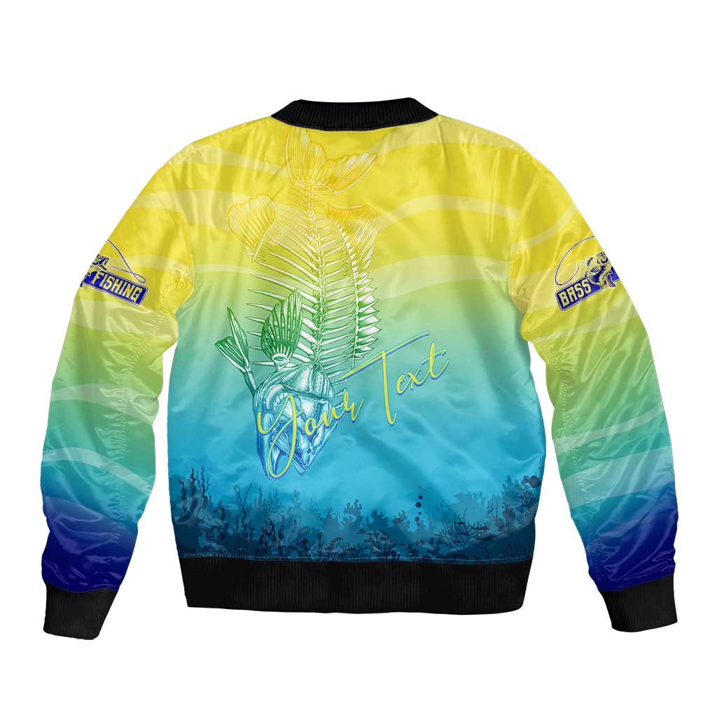 Unisex summer bomber jacket with back fish skeleton graphic, yellow/blue gradient