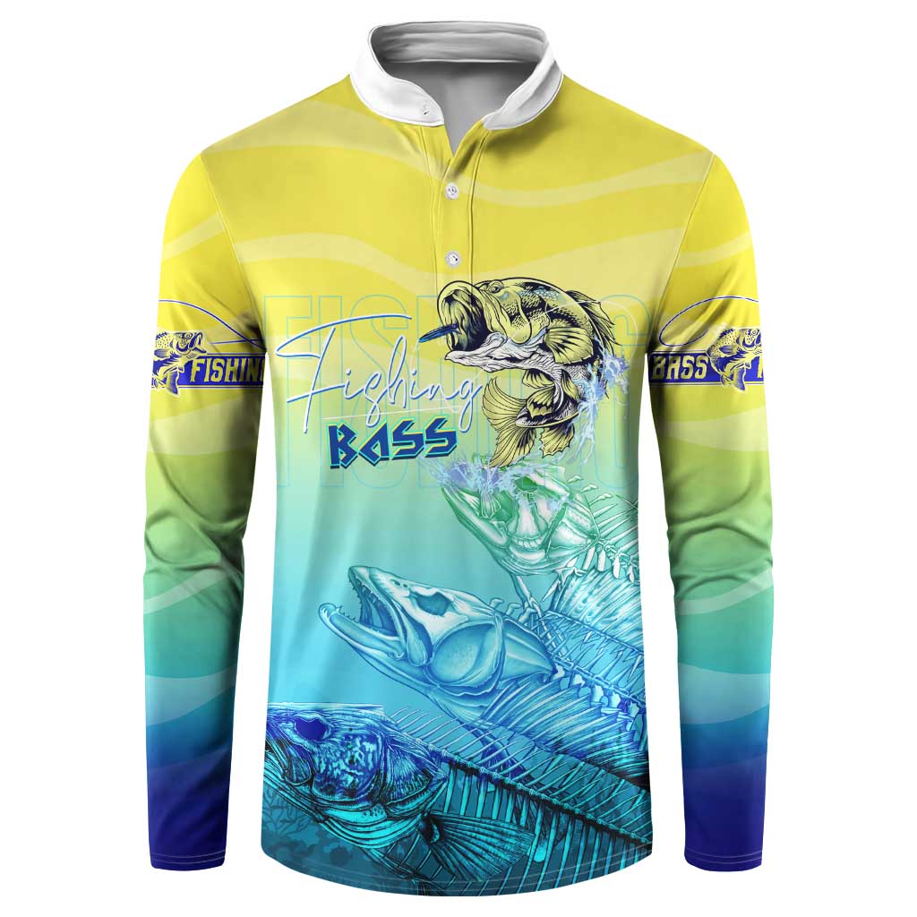 Yellow-to-blue button-front fishing sweatshirt with bass portrait and fish illustration
