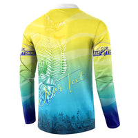 Back view yellow-to-blue button-front fishing sweatshirt with large fish skeleton graphic