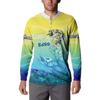 Front view yellow-to-blue button-front fishing sweatshirt with bass face and striped fish art