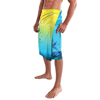 Men's yellow and blue fish print board shorts with elastic waistband and side view