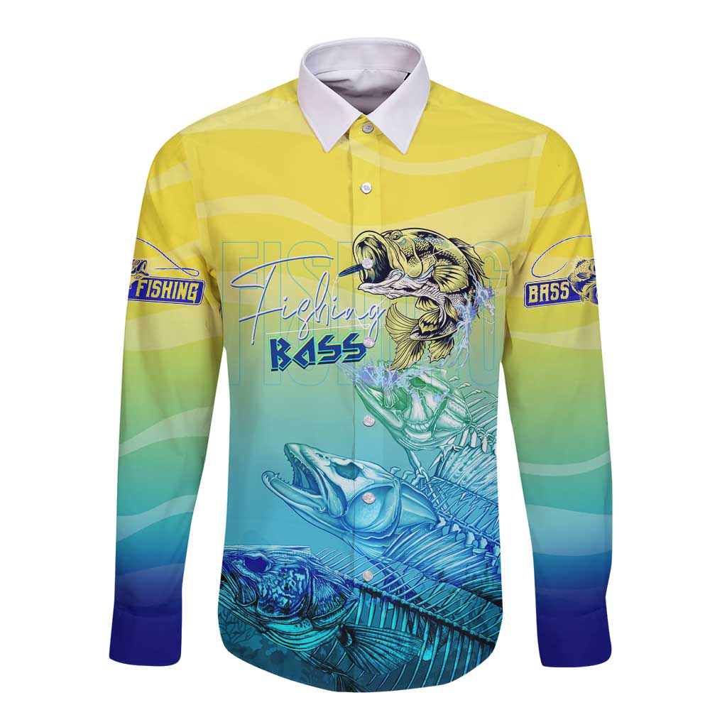 Yellow-to-blue long-sleeve button shirt with bass and fish skeleton graphic