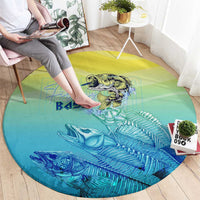 Round blue and green fishing rug with bass graphic and multiple fish silhouettes