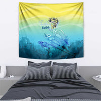 Yellow-blue wall tapestry featuring bass fishbone skeleton and fins graphic.