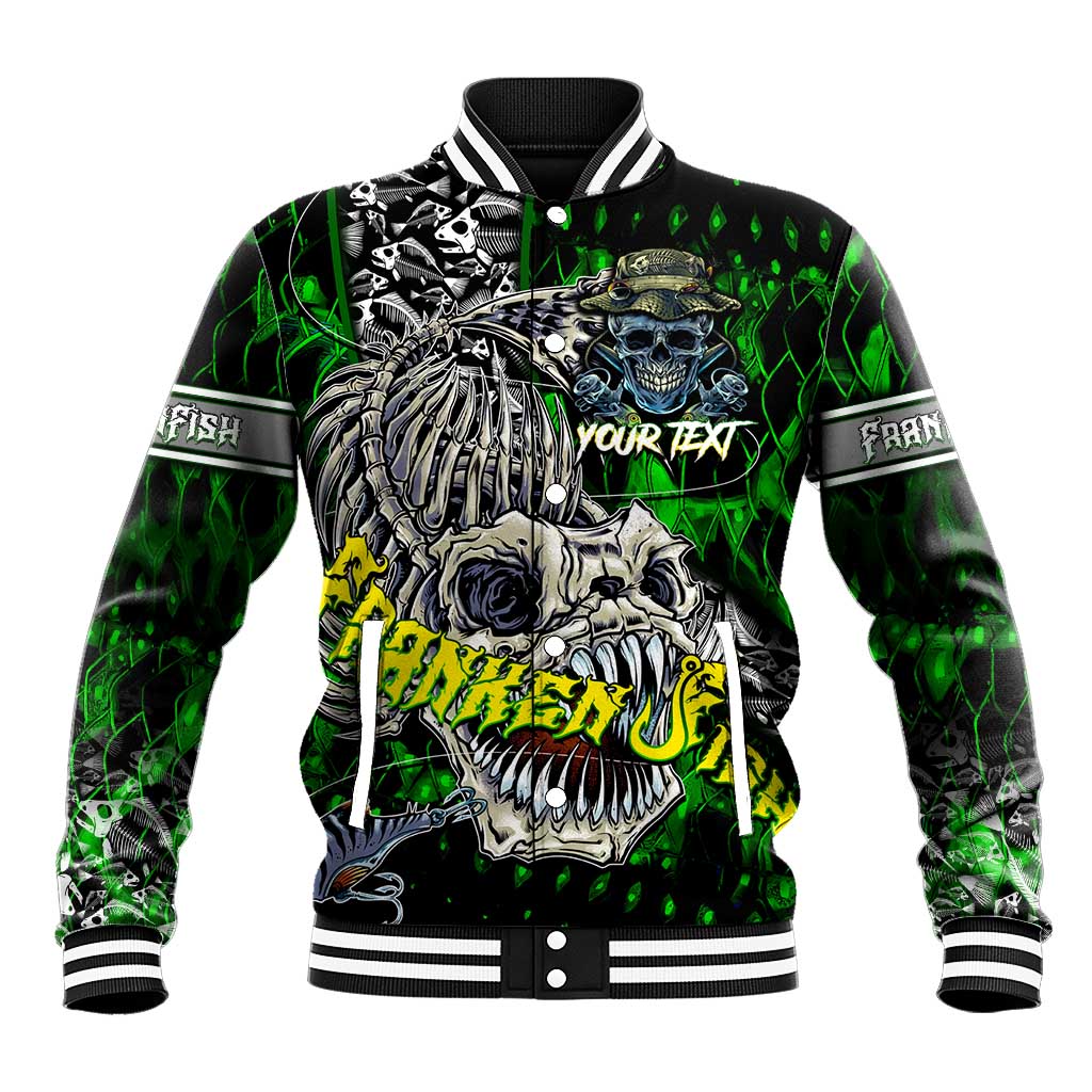 Green baseball jacket with skull, fish skeleton, and flame graphic; striped collar and cuffs