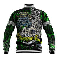 Green baseball jacket with skull and fish artwork; striped collar, cuffs, and hem
