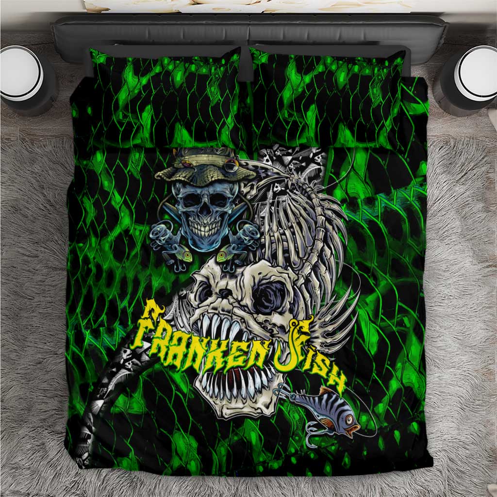 Green skull and skeleton fish bedding set with neon-style graphic print, twin bedsheet view