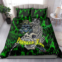 Green graphic bedding set with skull, fish skeleton, and neon flames on duvet and pillowcases