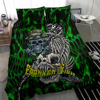 Green skull and skeleton fish bedding set, duvet cover with matching pillow shams graphic