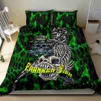 Green skull and fish skeleton bedding set with neon green pattern on duvet cover