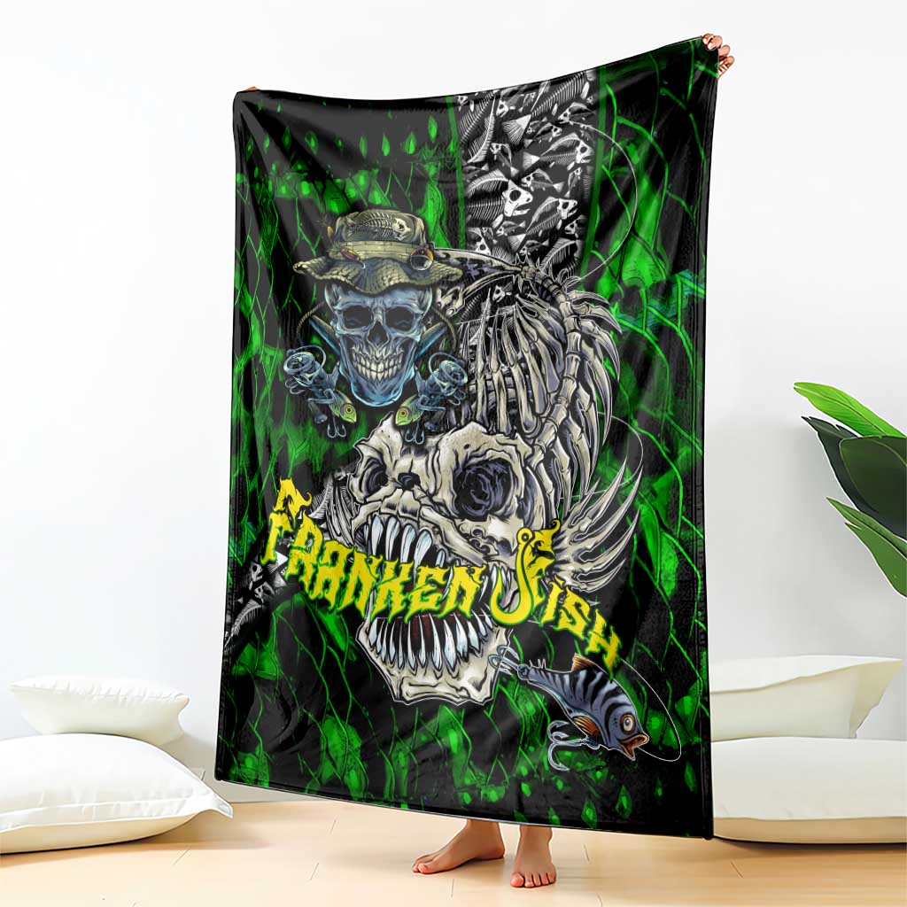 Green skull fishing blanket with large skull and graffiti-style text, standing on floor