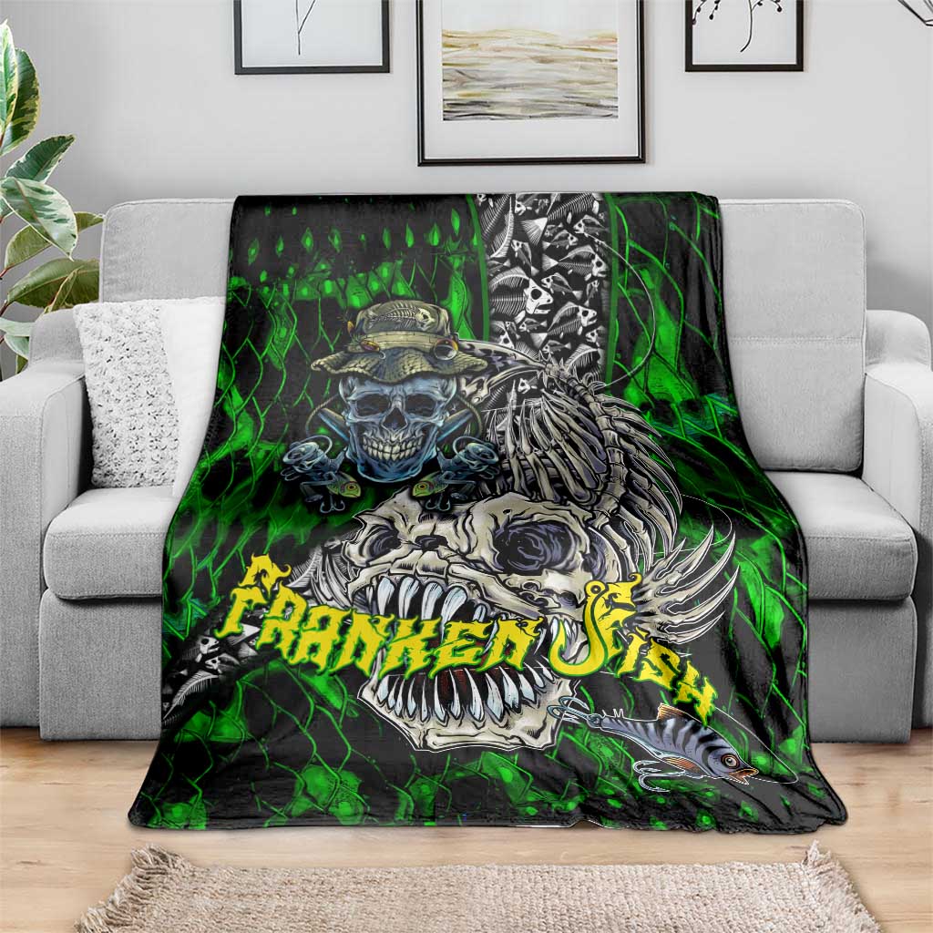 Green skull fishing blanket with skeleton fish skull print, folded over sofa back