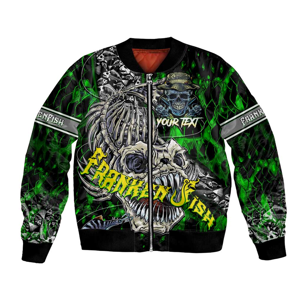 Green zip-front bomber jacket with skull skeleton fish graphic and ribbed trim