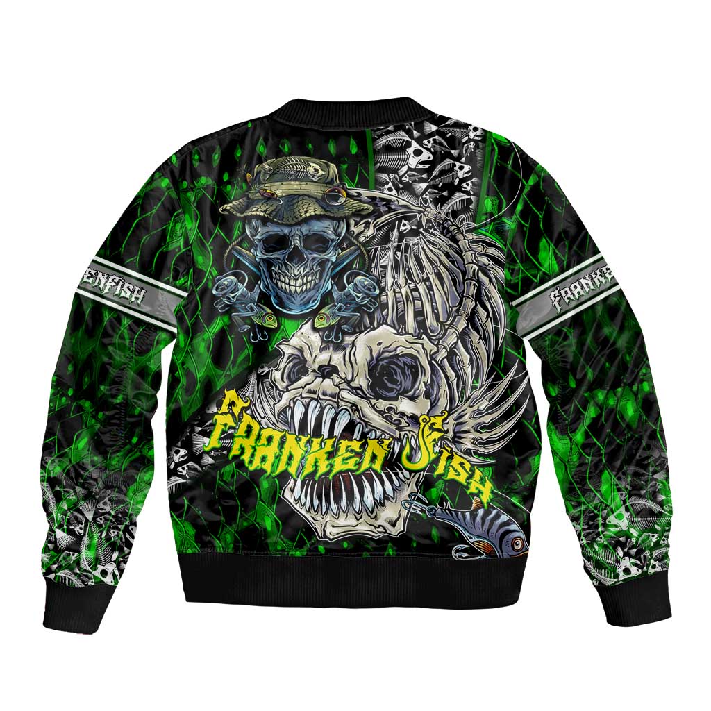 Green bomber jacket back with large skull skeleton and fishing-themed graphic, ribbed hem