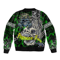 Green bomber jacket back with large skull skeleton and fishing-themed graphic, ribbed hem