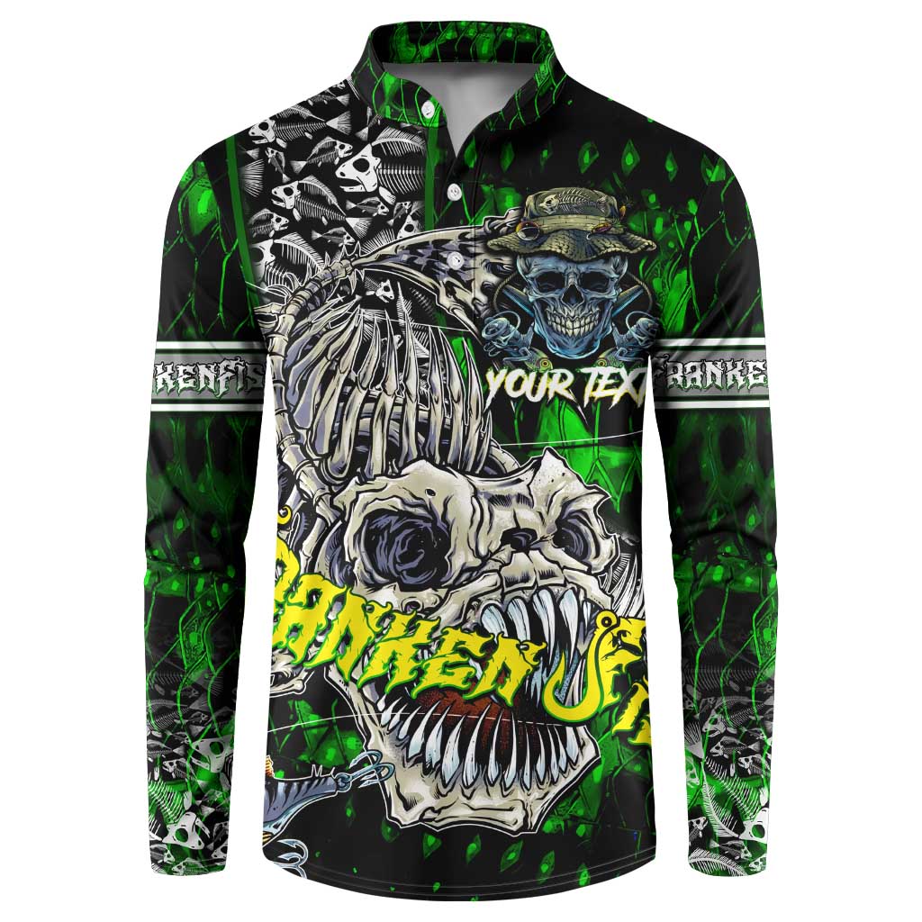 Green button-up sweatshirt with large skull and fish skeleton graphic on front