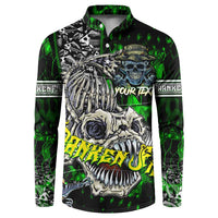 Green button-up sweatshirt with large skull and fish skeleton graphic on front