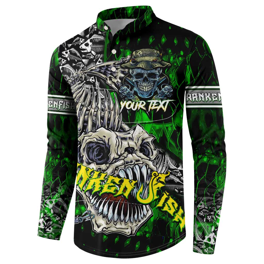 Green button-up sweatshirt with front skull, fish and barbed ribcage graphic