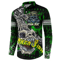 Green button-up sweatshirt with front skull, fish and barbed ribcage graphic