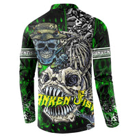 Green button-up sweatshirt with skull and fish skeleton graphic on back, long sleeves