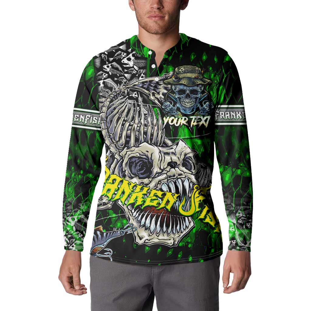 Green button-up sweatshirt with skull, fish and skeleton full-front graphic