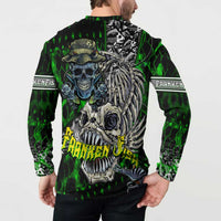 Green button-up sweatshirt with back skull and fish graphic, ribcage illustration