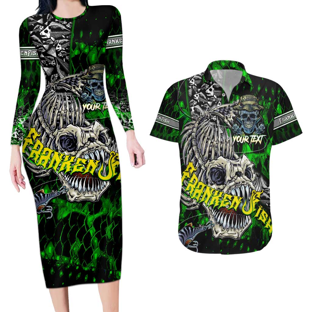 Personalized Franken Fish Couples Matching Long Sleeve Bodycon Dress and Hawaiian Shirt Skull Fishing Green - Wonder Print Shop