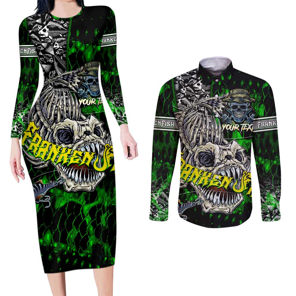 Personalized Franken Fish Couples Matching Long Sleeve Bodycon Dress and Long Sleeve Button Shirt Skull Fishing Green - Wonder Print Shop