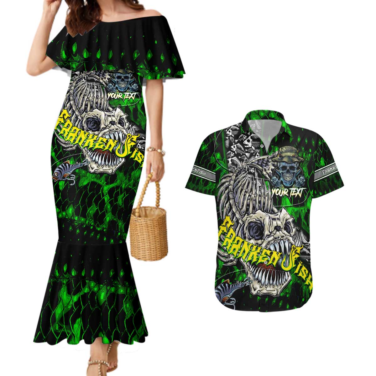 Personalized Franken Fish Couples Matching Mermaid Dress and Hawaiian Shirt Skull Fishing Green - Wonder Print Shop